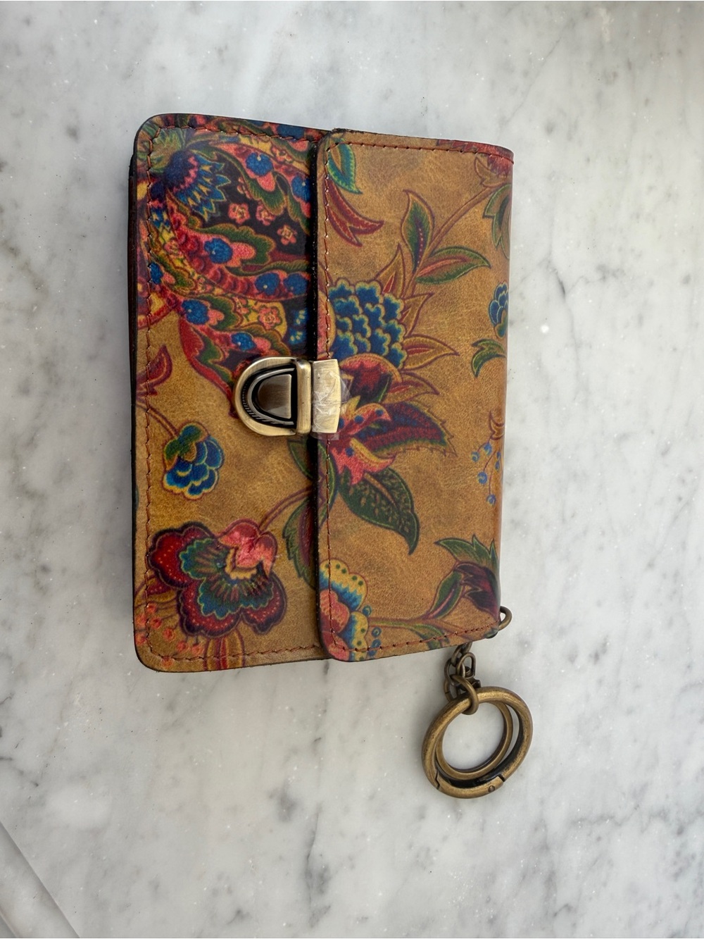 Patricia Nash Vintage Paisley Floral Full-Grain Leather Card Holder with Keyring